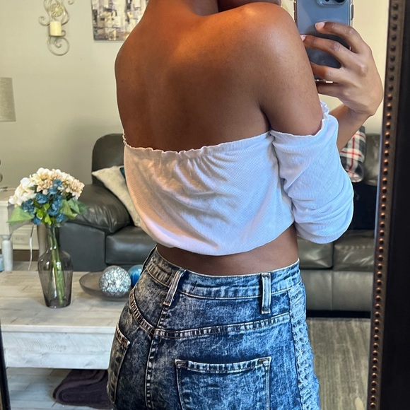 White Stretchy Off the Shoulder Long Sleeve Crop Top, M/L - Picture 2 of 3